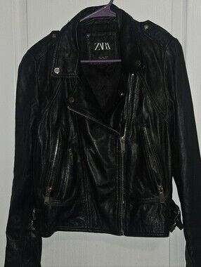 Zara Black Faux Leather Biker Jacket with Zip Details